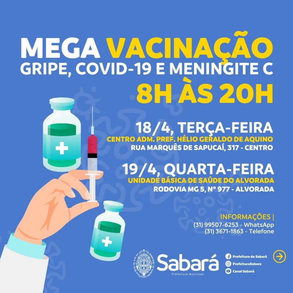 SAÚDE: “MEGA VACINAÇÃO” CONTRA A GRIPE, COVID-19 E MENINGITE C SERÁ REALIZADA NO CENTRO ADMINISTRATIVO E NA UBS ALVORADA NOS DIAS 18 E 19/4