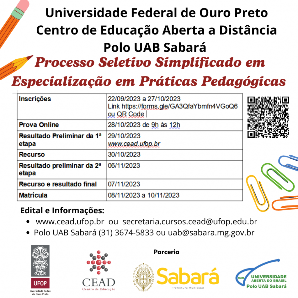 POLO UAB SABARÁ: ABERTAS AS INSCRIÇÕES DO PROCESSO SELETIVO PARA O CURSO DE ESPECIALIZAÇÃO EM PRÁTICAS PEDAGÓGICAS