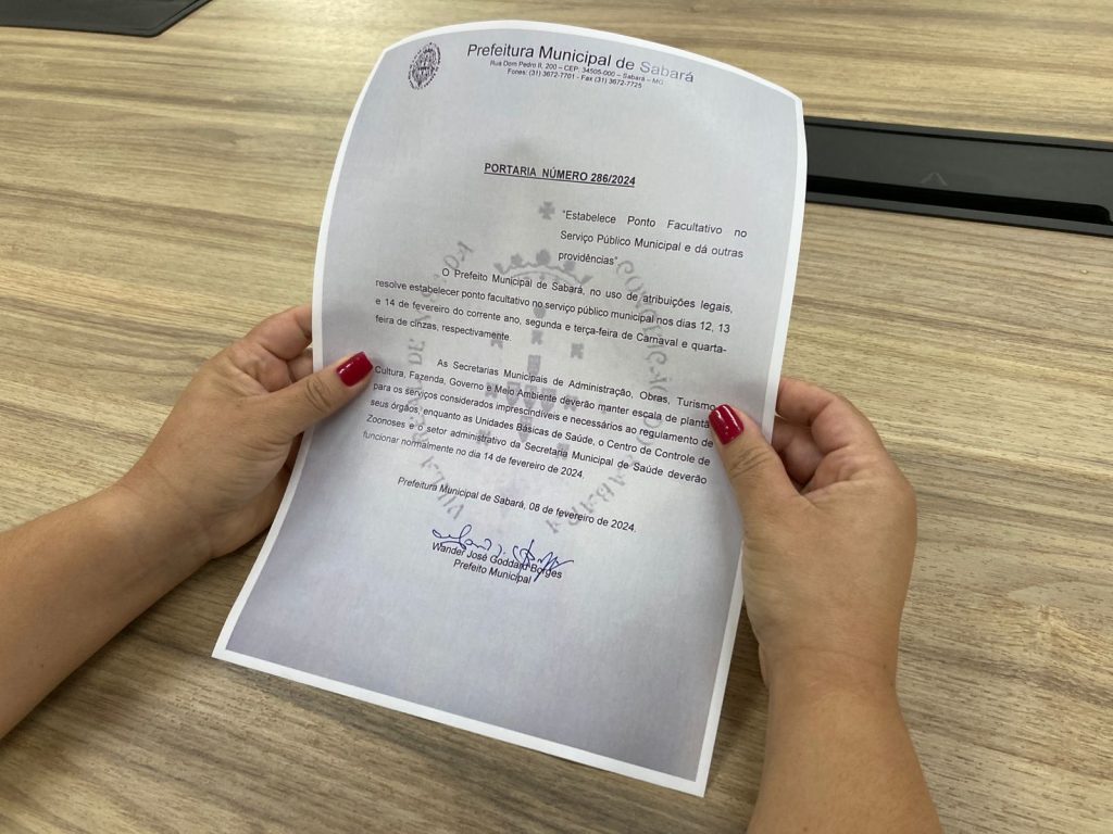 CARNAVAL SABARÁ 2024: PREFEITURA DECRETA PONTO FACULTATIVO NO SERVIÇO PÚBLICO MUNICIPAL