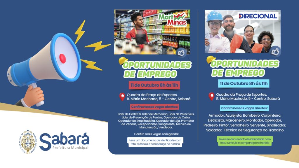 SABARÁ RECEBE MUTIRÃO DE EMPREGO COM MAIS DE 30 CARGOS DISPONÍVEIS NAS EMPRESAS DIRECIONAL ENGENHARIA E MARTMINAS