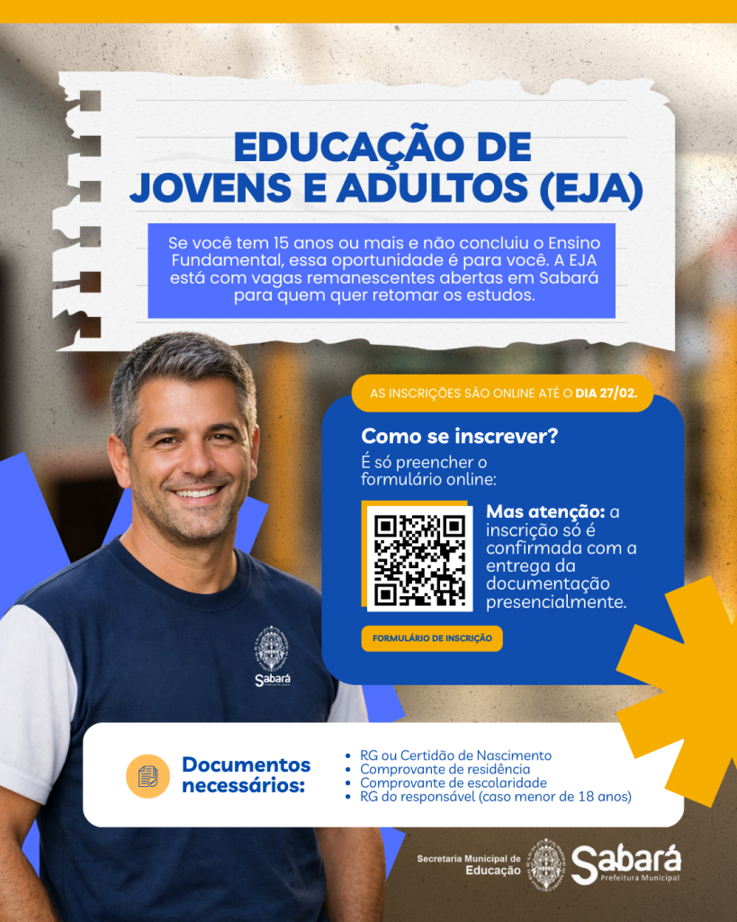 PREFEITURA DE SABARÁ REABRE INSCRIÇÕES PARA VAGAS REMANESCENTES DA EJA