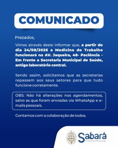 banner_comunicado-medicina-do-trabalho Prezados, Vimos através deste informar que, a partir do dia 24/08/2026 a Medicina do Trabalho funcionará na AV. Jaqueira, 48- Paciência - Em frente a Secretaria Municipal de Saúde, antigo laboratório central. Sendo assim, solicitamos que as secretarias repassem aos seus setores para que tudo funcione corretamente.